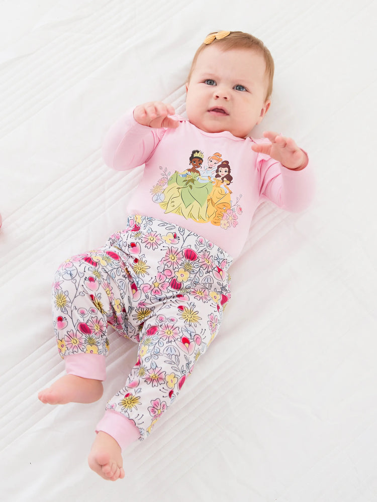 Ensemble 2 pièces haut à volants et leggings en bambou pour bébé fille, motif princesse Disney Tiana/Cendrillon/Belle, rose