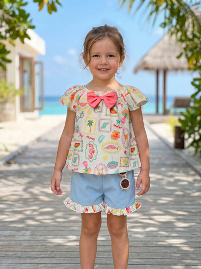 Ocean Vibes Toddler Girl Bow Ruffle Top & Shorts Set Blue