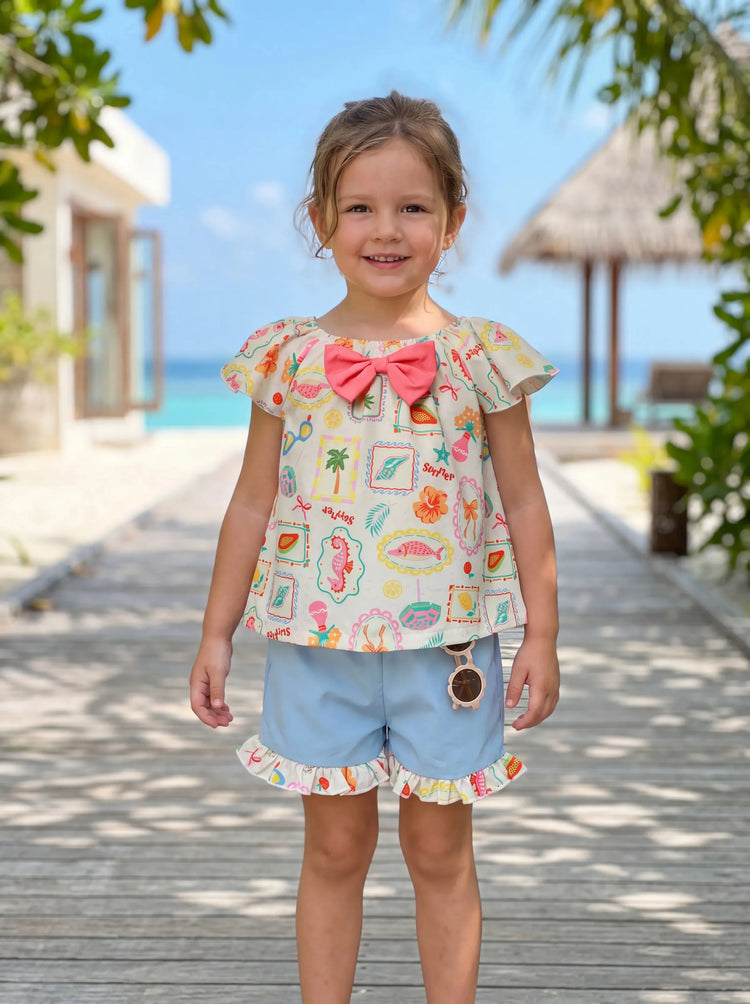 Ocean Vibes Toddler Girl Bow Ruffle Top & Shorts Set Blue