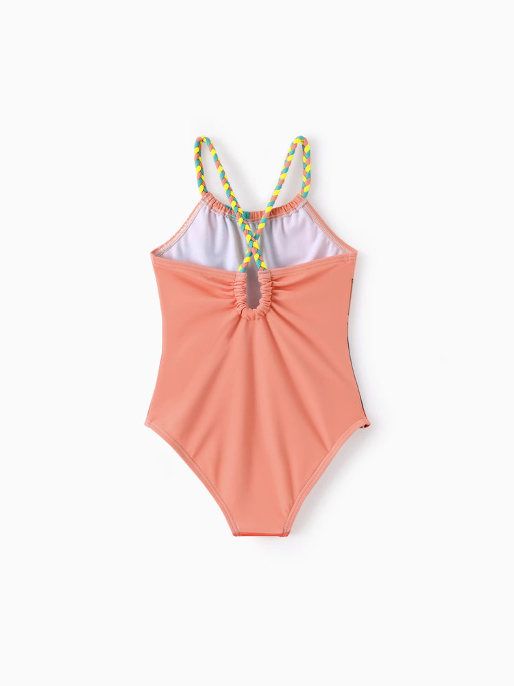 Disney Princess Toddler/Kid Girl Moana Big Pattern /Floral Allover Print Off-shoulder Swimsuit Coral  Coral