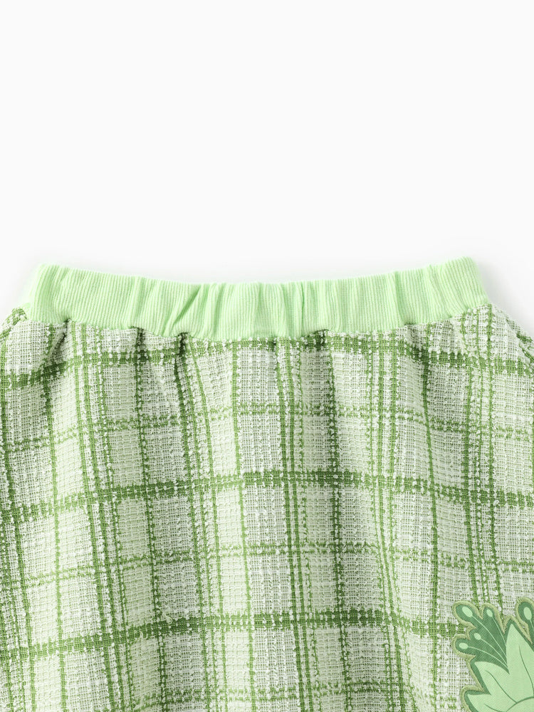 Ensemble 2 pièces princesse Disney Tiana pour petite fille, cardigan en tweed à carreaux style Preppy avec jupe, vert