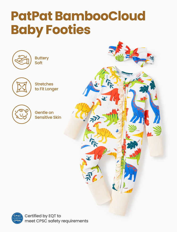 Bamboo Baby Boy/Girl Animal Printed 2-Way Zipper Anti Slip Long-sleeve Footie with Hairband Apricot Yellow