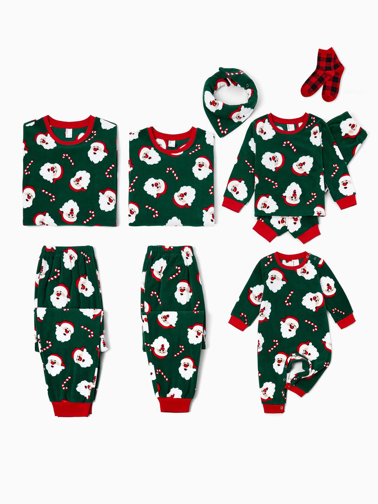 Ensemble de pyjama familial assorti de Noël en polaire, imprimé Père Noël et canne à sucre, avec chaussettes de Noël, vert foncé