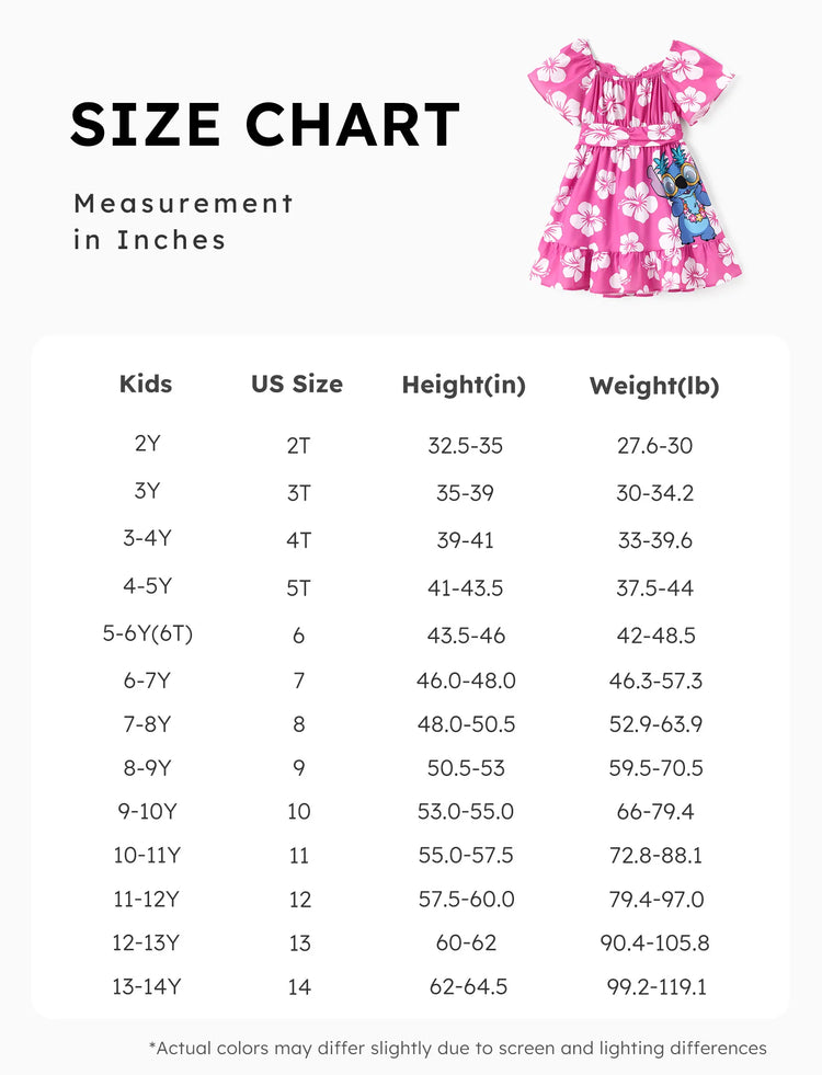 Disney Stitch Kid Girl Floral/Palm Tree Print Ruffled Babydoll Dress Hot Pink