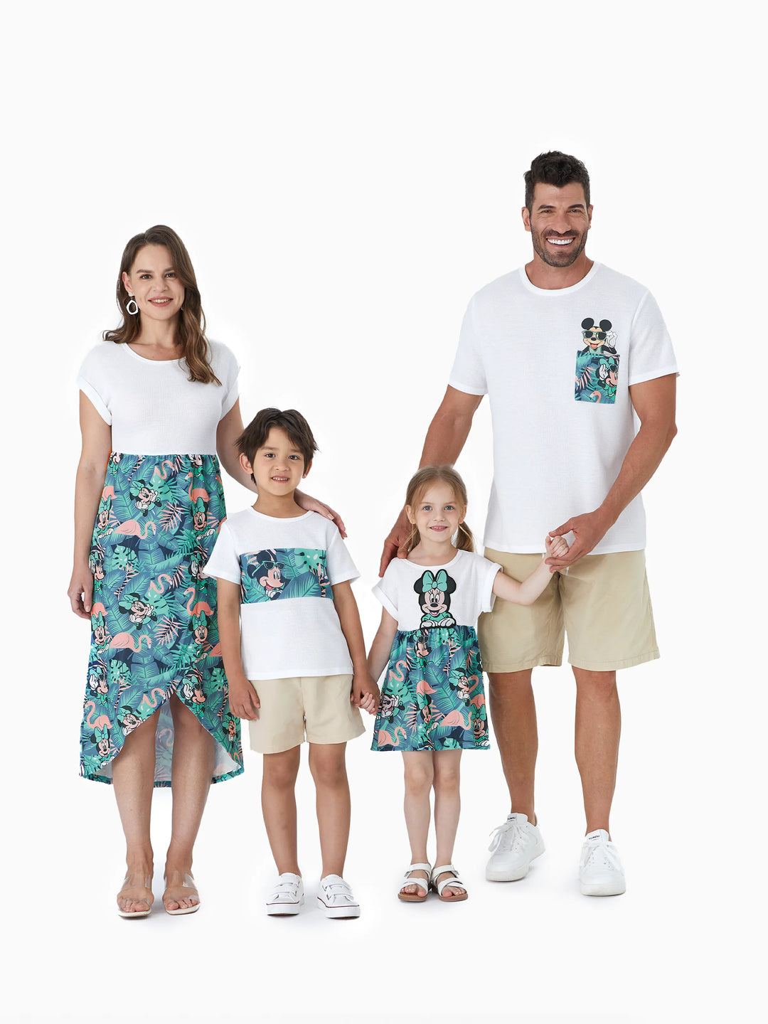 Disney Mickey and Friends Daddy & Son Tropical Botanical Print Waffle Fabric T-shirt greenwhite