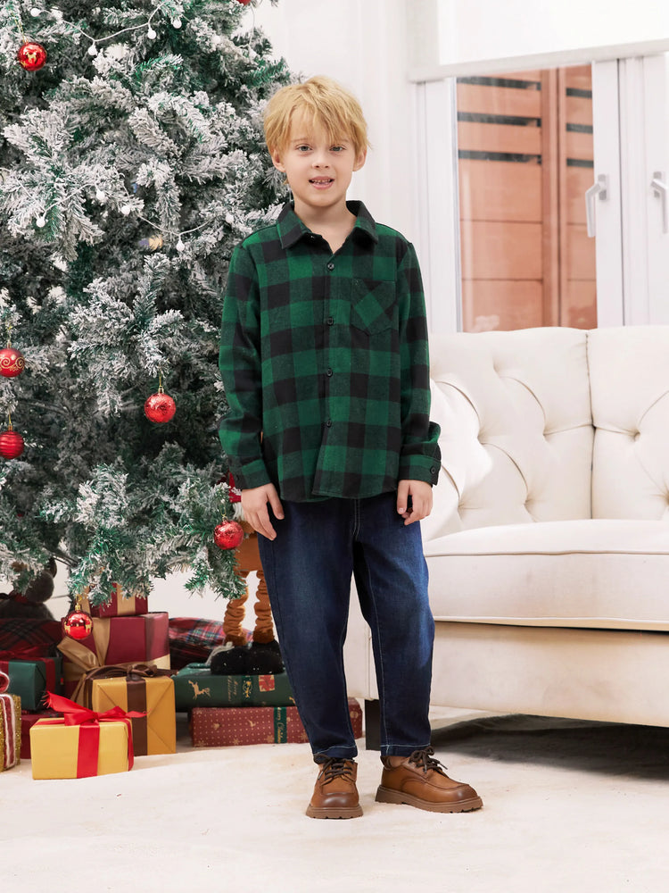 Ensembles familiaux assortis : chemise à manches longues à carreaux verts ou robe en tulle vert foncé