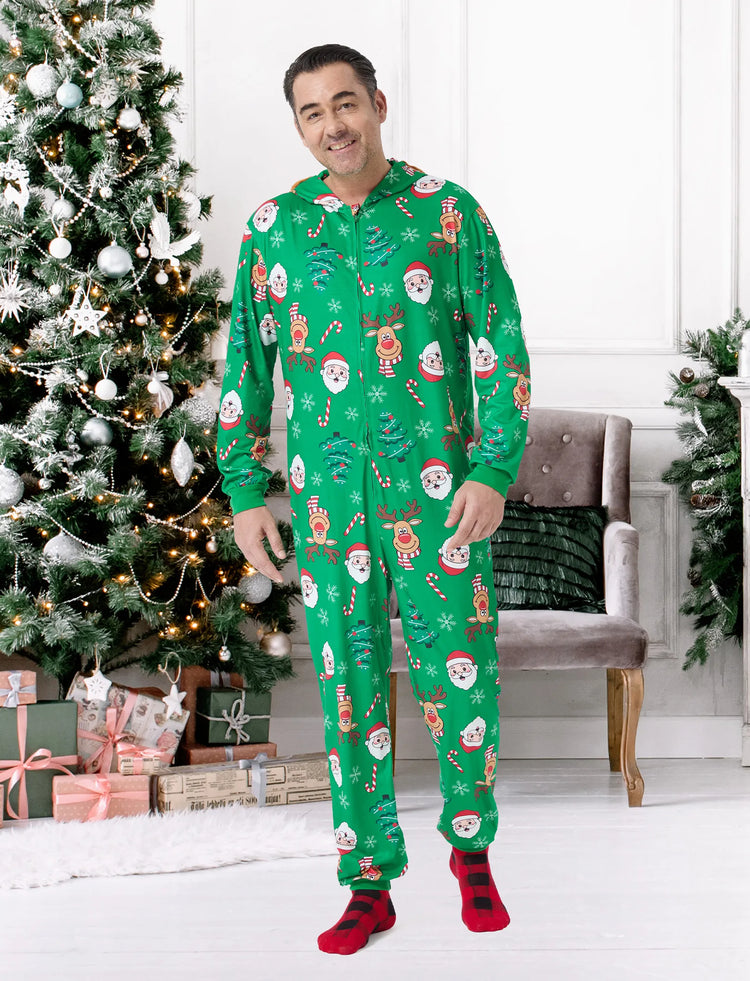 Green Christmas Family Pajamas Sets 3D Reindeer Hooded Allover Print Onesies Green