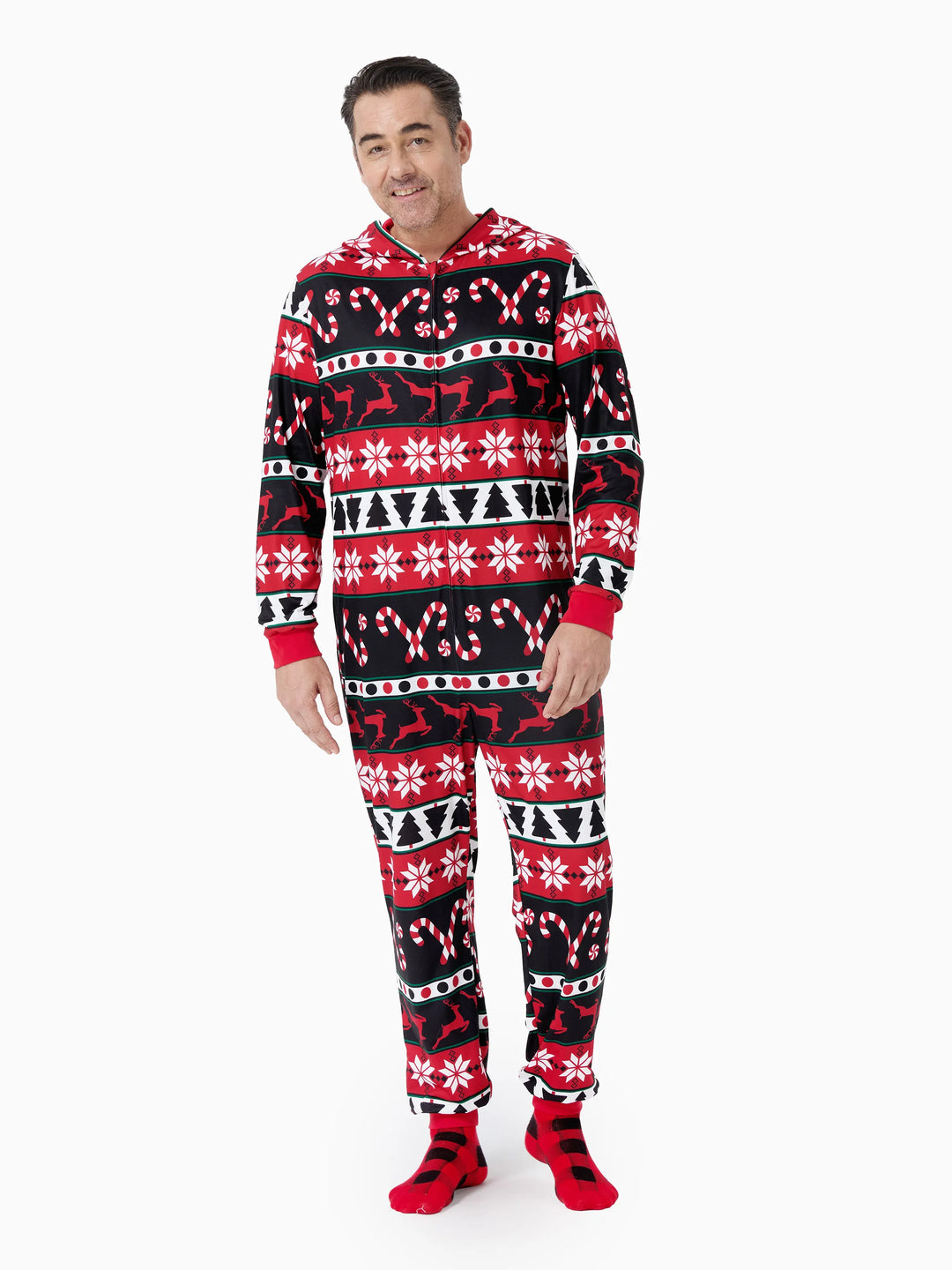 Pyjama de Noël à capuche et fermeture éclair, motif renne 3D, tenues familiales assorties, rouge/noir