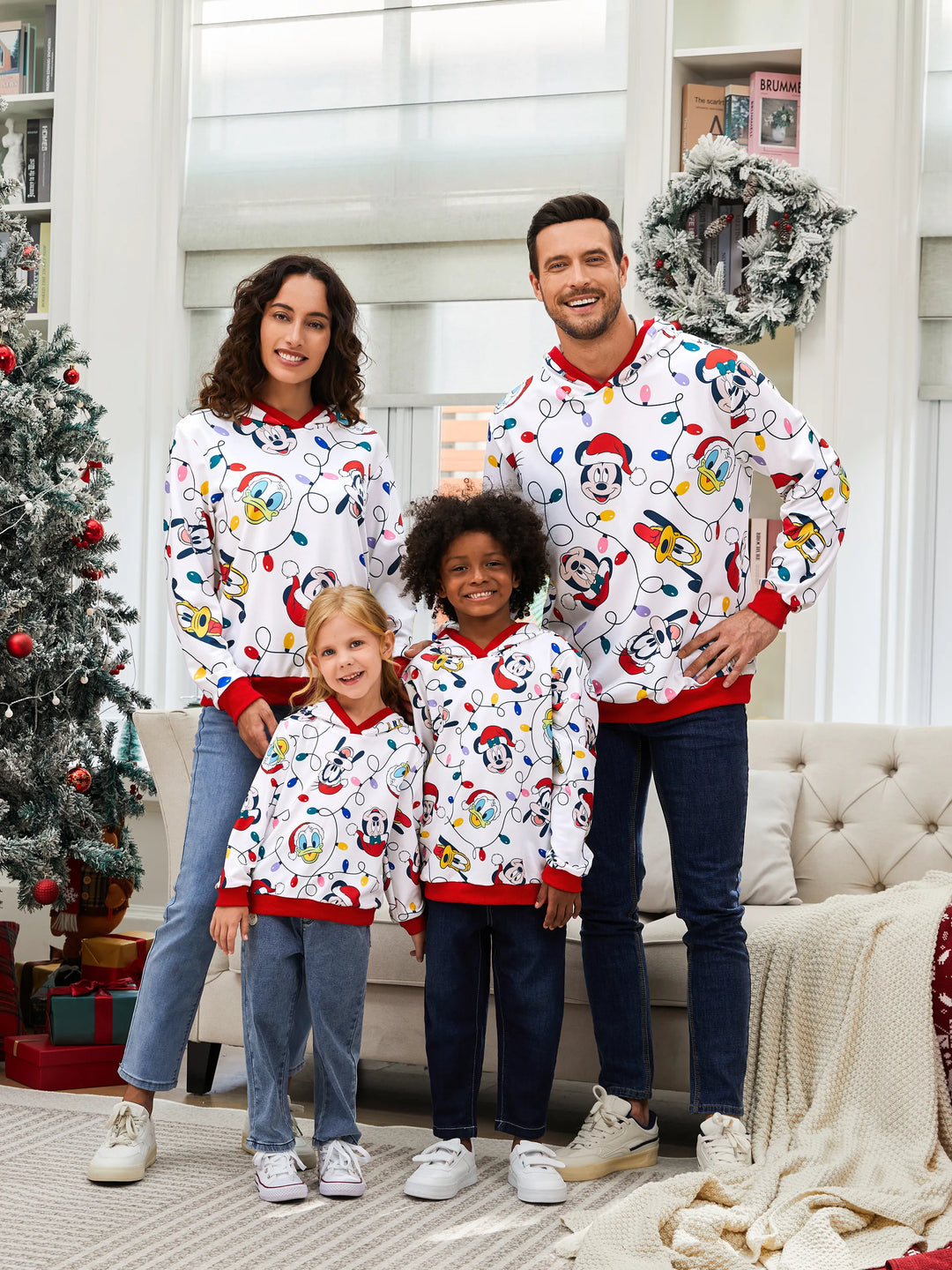 Disney Mickey and Friends Family Matching Christmas Character Allover Hooded Long-sleeve Sweatshirt REDWHITE