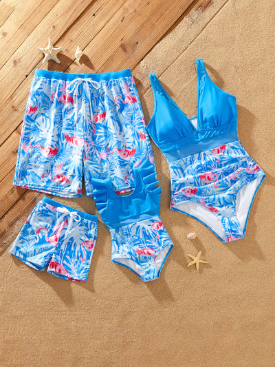 Matching Family Blue Swimsuit Flamingo Print Swim Trunks or Elasticized Mesh Splicing One piece Swimwear Blue