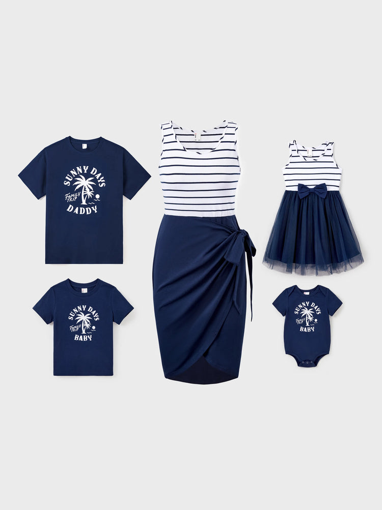 Mommy & me Cotton T-Shirt & Dress Set – Sunny Days Palm Print for Dad, Mom, Baby & Toddler, Perfect for Summer Vacations & Family Outings Tibetan blue