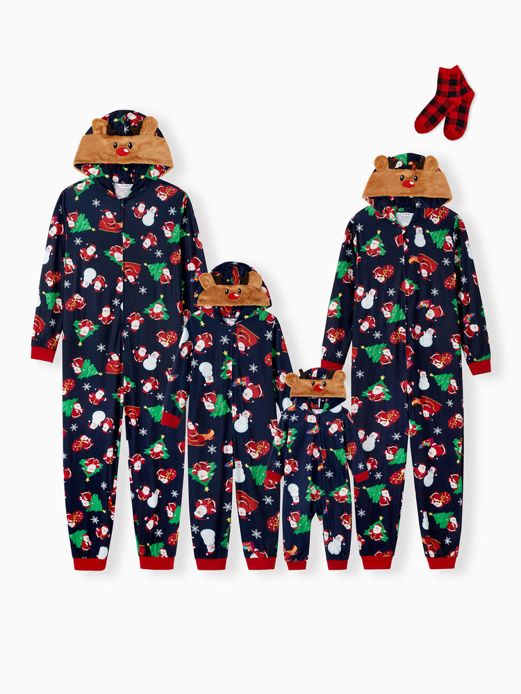 Green Christmas Family Pajamas Sets 3D Reindeer Hooded Santa Allover Print Onesies Pajamas blueblack