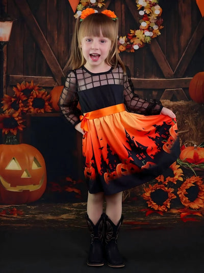 Toddler/Kid Girl Halloween Pumpkin Print Mesh Dress Color block