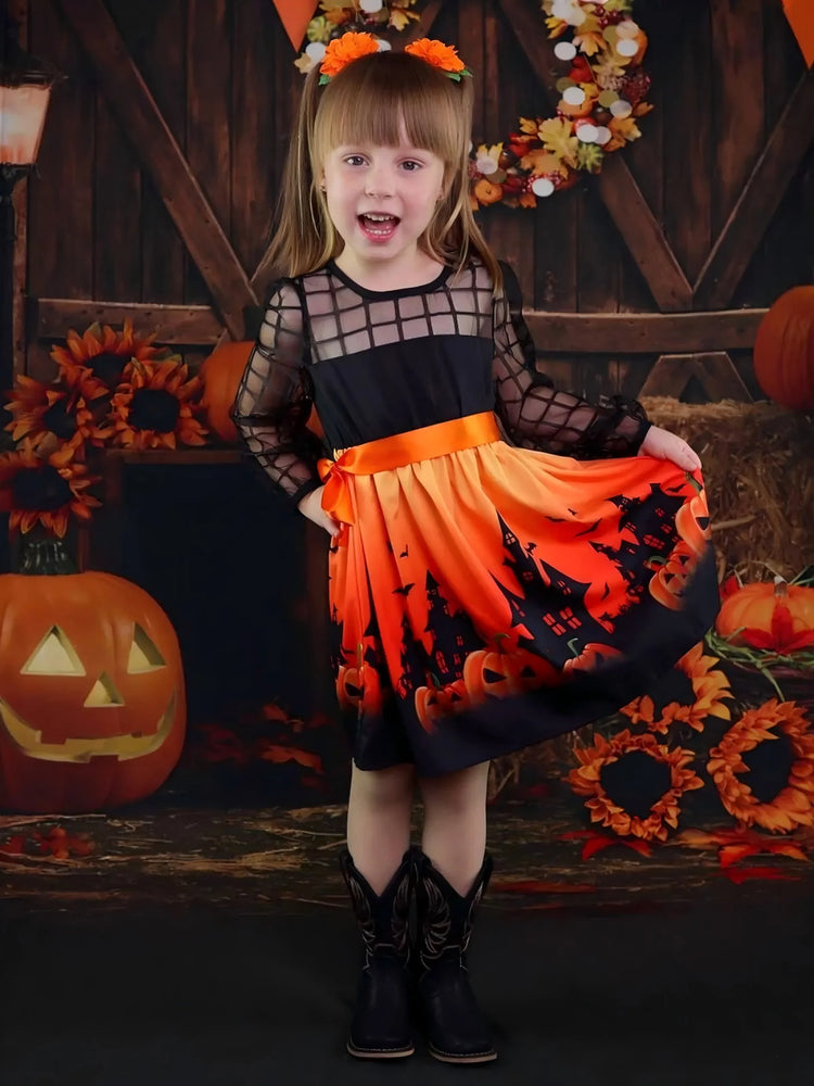 Robe en maille à imprimé citrouille d'Halloween pour petite fille/enfant Bloc de couleurs