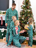 Christmas Matching Family Pajamas Set Allover Reindeer and Snowflake Print Long-sleeve Collared PJS with Christmas Socks Dark Green
