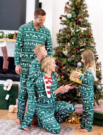 Christmas Matching Family Pajamas Set Allover Reindeer and Snowflake Print Long-sleeve Collared PJS with Christmas Socks Dark Green