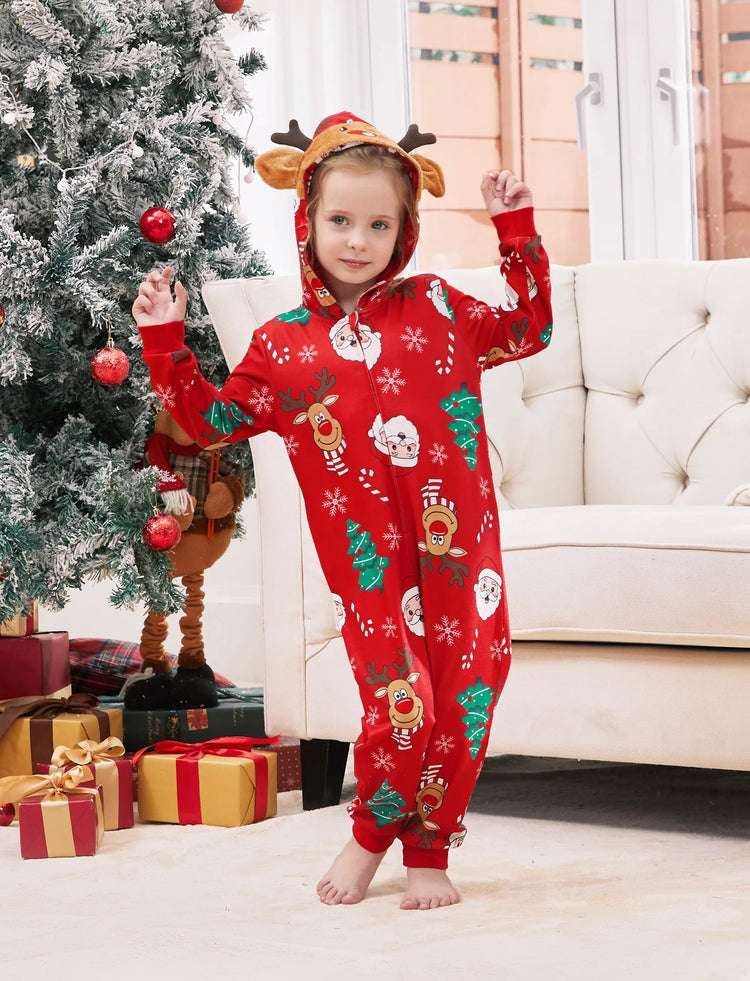 Christmas Family Pajamas Sets 3D Reindeer Hooded Allover Print Onesies Pajamas Red-2