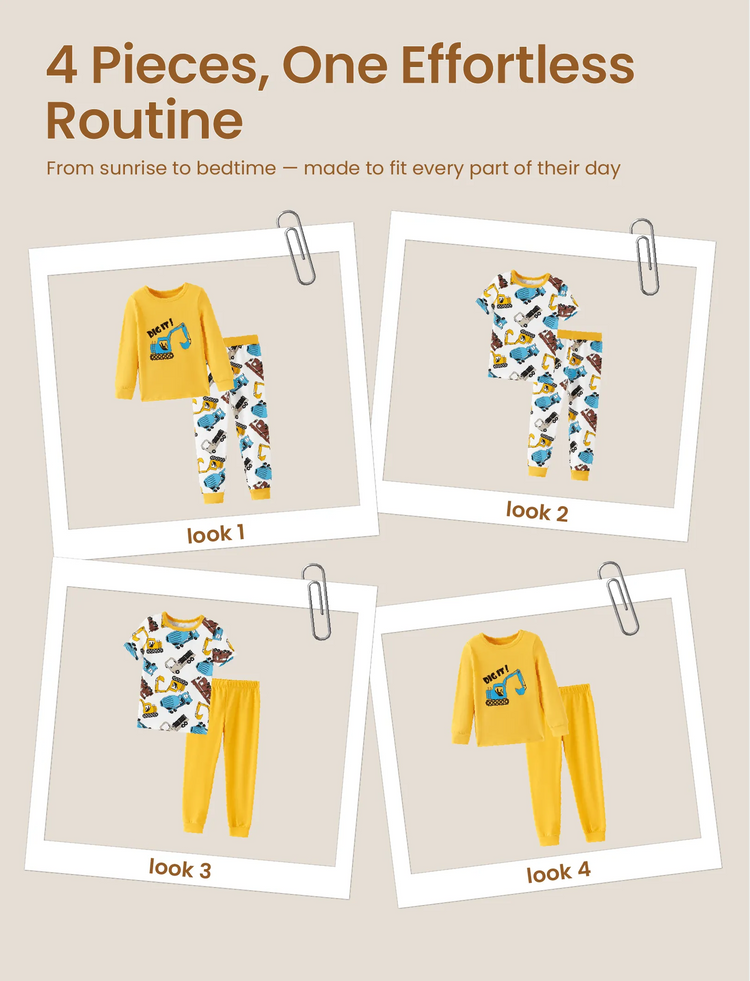 Pyjama 4 pièces en coton biologique pour tout-petits/enfants, pyjama 4 en 1 coupe ajustée pour filles/garçons, jaune