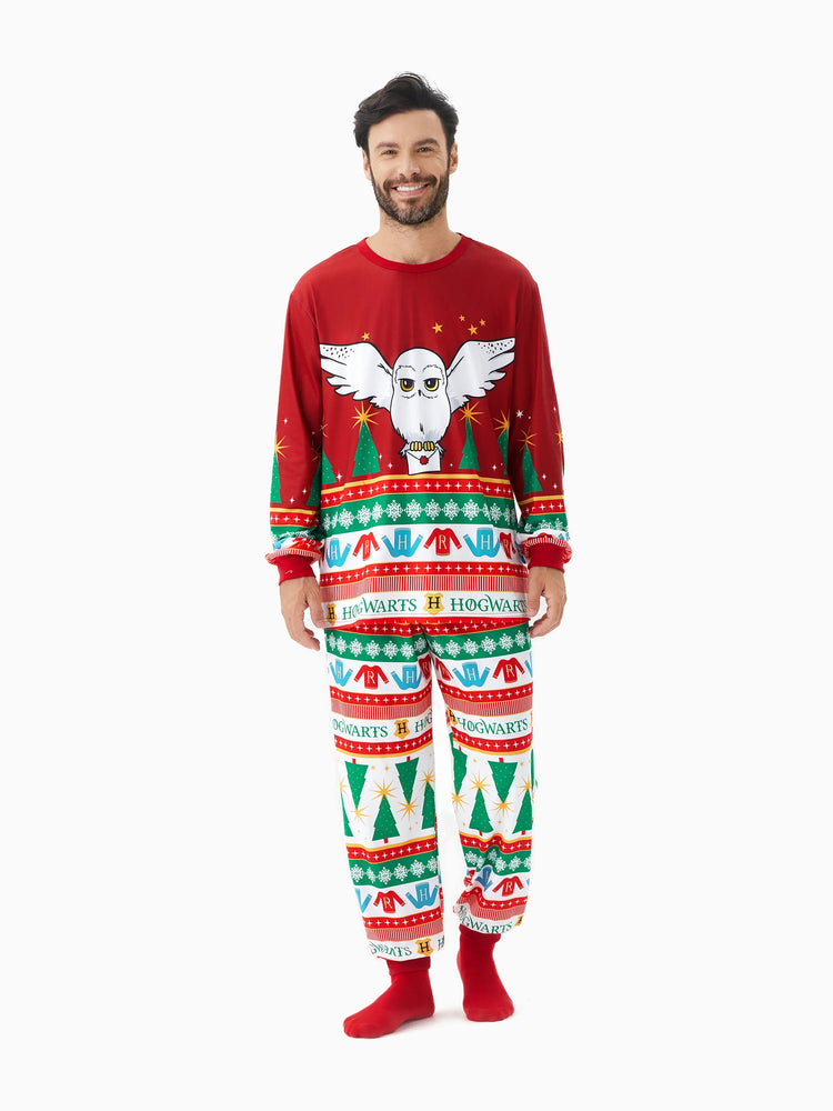 Harry Potter Christmas Matching Family Pajamas Set Christmas Tree Owl Pattern Long-sleeve PJS with Christmas Socks Red