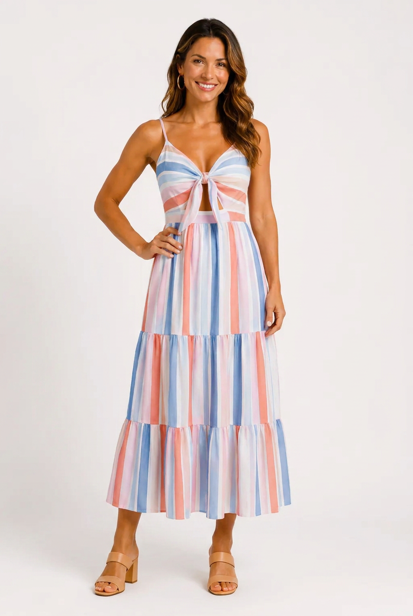 Mommy and Me Family Matching Blue Short-sleeve Tee or Colorful Stripe Camisole Dress Multi-color