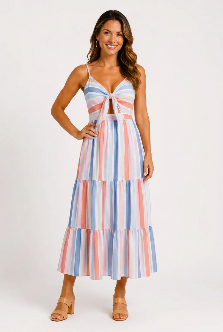 Mommy and Me Family Matching Blue Short-sleeve Tee or Colorful Stripe Camisole Dress Multi-color