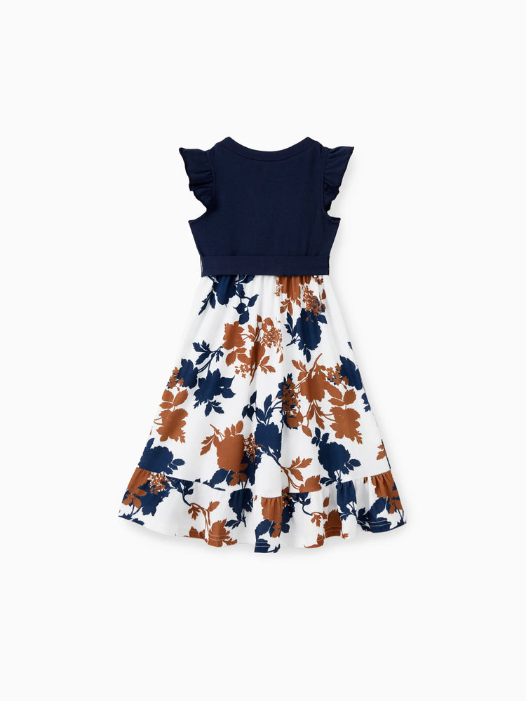 Robe ou t-shirt décontracté assorti pour toute la famille, couleur unie, coutures en tissu bleu roi