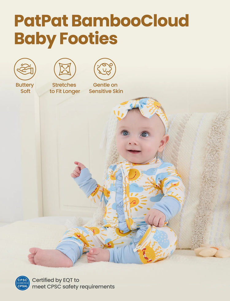 Bamboo Baby Boy/Girl Animal Printed 2-Way Zipper Anti Slip Long-sleeve Footie with Hairband Light Blue