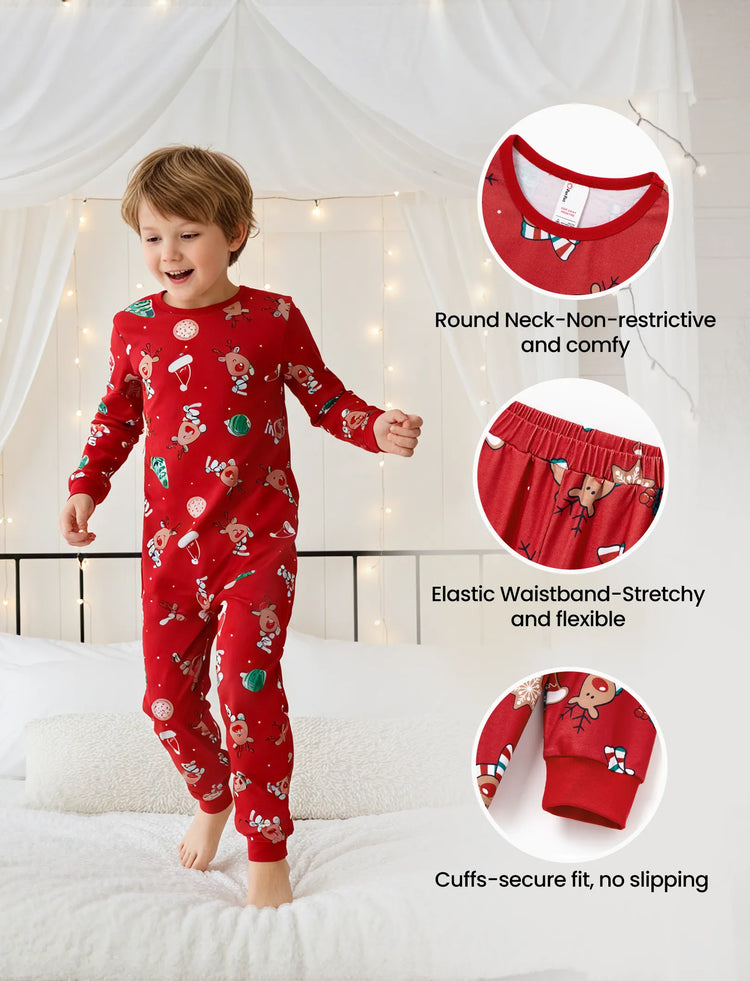Christmas Matching Family Pajamas Set Cute Reindeer Print Long-sleeve Red PJS with Christmas Socks Red