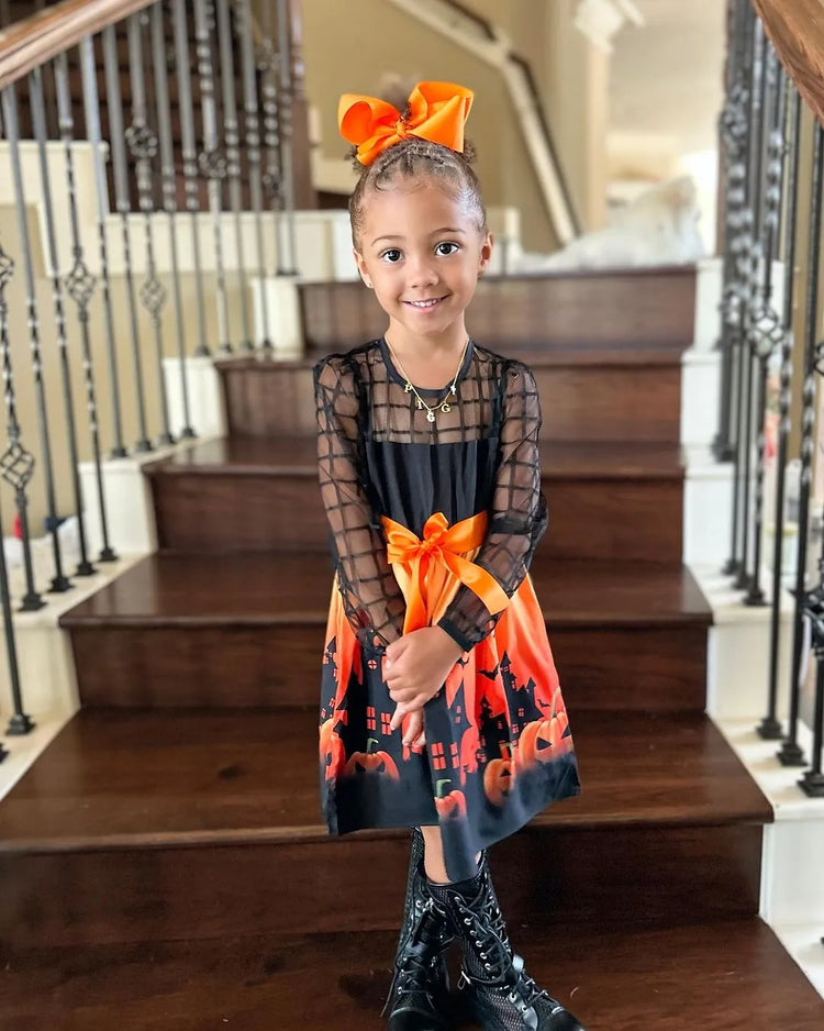 Robe en maille à imprimé citrouille d'Halloween pour petite fille/enfant Bloc de couleurs