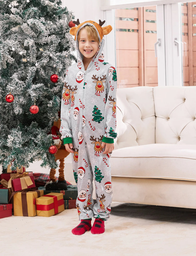 Grey Christmas Pajamas 3D Reindeer Pattern Zipper Onesies Matching Family Outfits Light Grey
