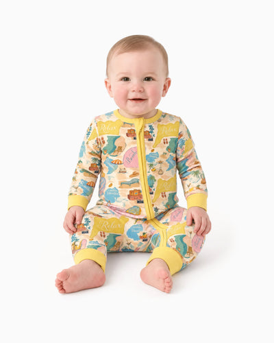 Pyjama sans pieds ajusté à fermeture éclair en mélange cartoon neutre en bambou pour bébé, jaune