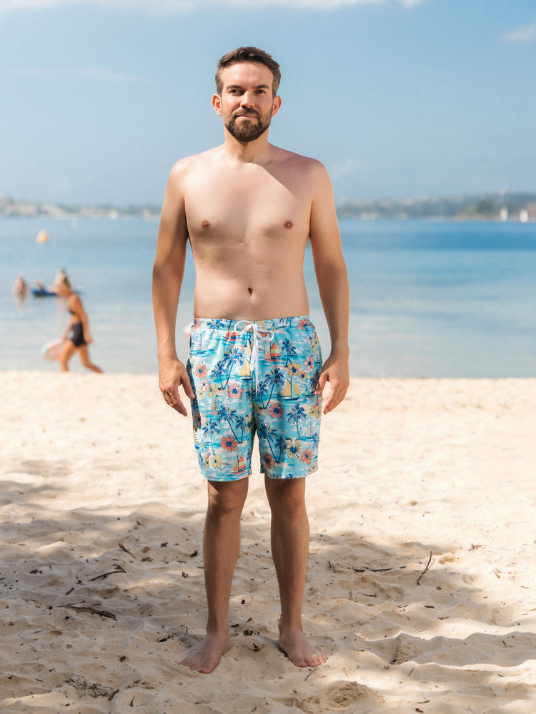 Family Matching Swimwear Tropical Print, Mommy Tie-front Cutout One-piece Swimsuit, Girl two-piece Swimsuit Daddy & Son Swim Trunks Set for Summer Beach Vacation Light Blue