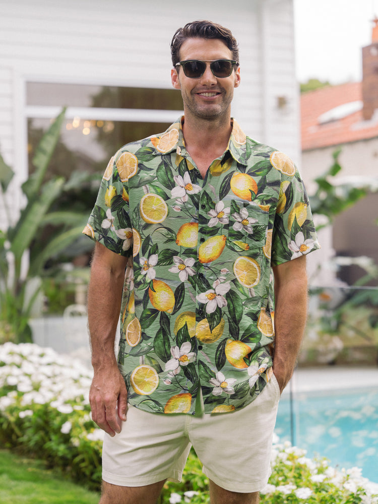 Matching Family Outfits Lemon Print Hawaiian Shirts & Summer Dresses Tropical Vacation Clothes for Men, Women & Kids Green