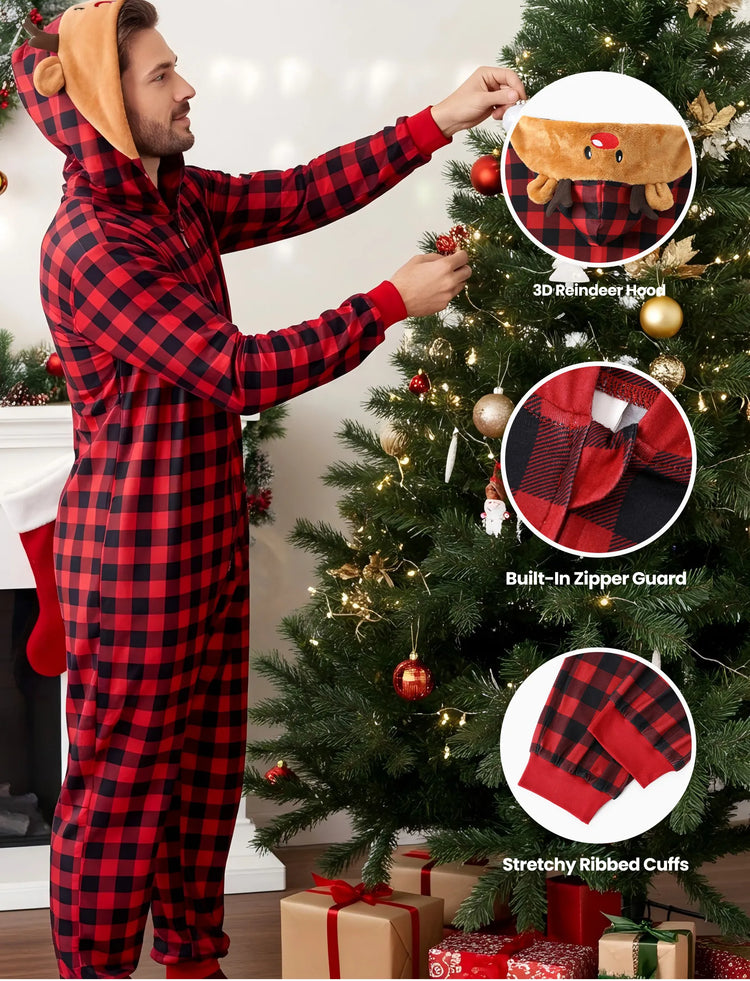 Christmas Matching Family Pajamas Set 3D Reindeer Hooded Allover Plaid Print Red Onesie PJS with Christmas Socks Red