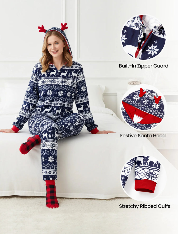 Christmas Matching Family Pajamas Set 3D Reindeer Hooded Allover Snowflake and Reindeer Print Dark Blue Onesie PJS with Christmas Socks blueblack