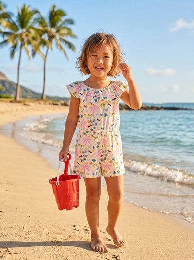 Ocean Vibes Toddler Girl Tropical island Romper Apricot