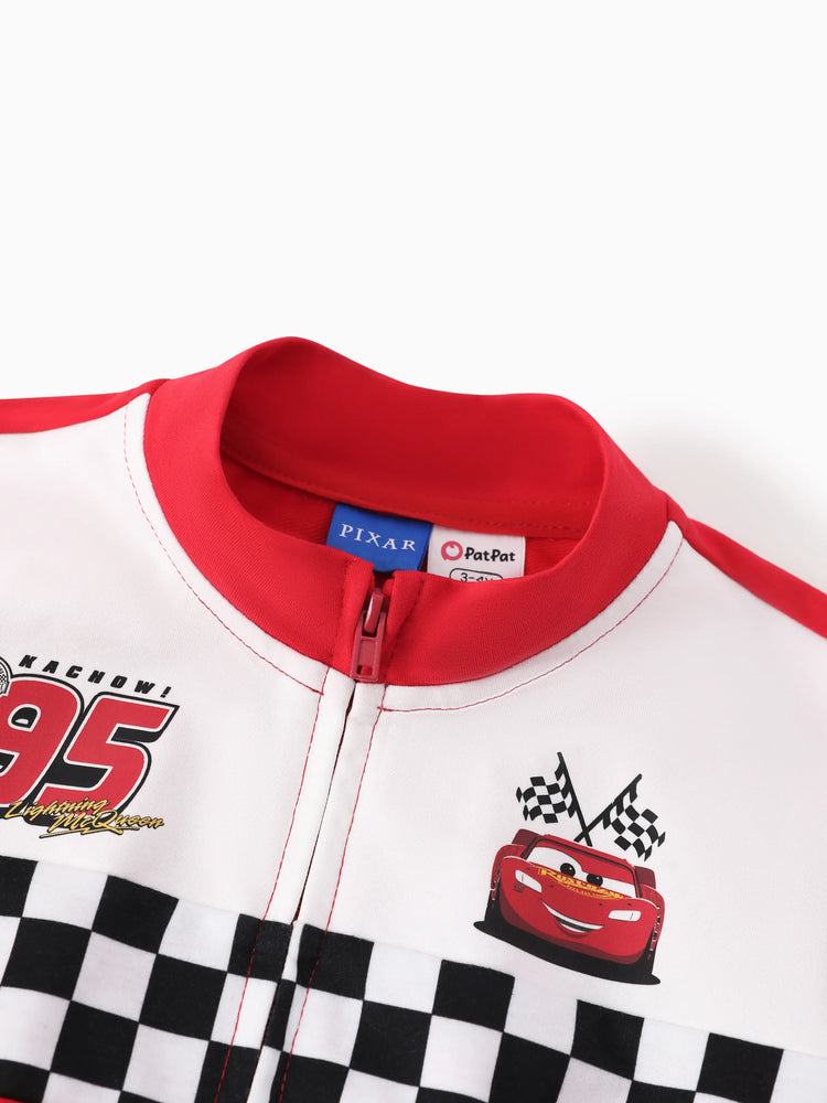 Cars Toddler Boy Zipper Design Checkerboard Short-sleeve Jumpsuit Red