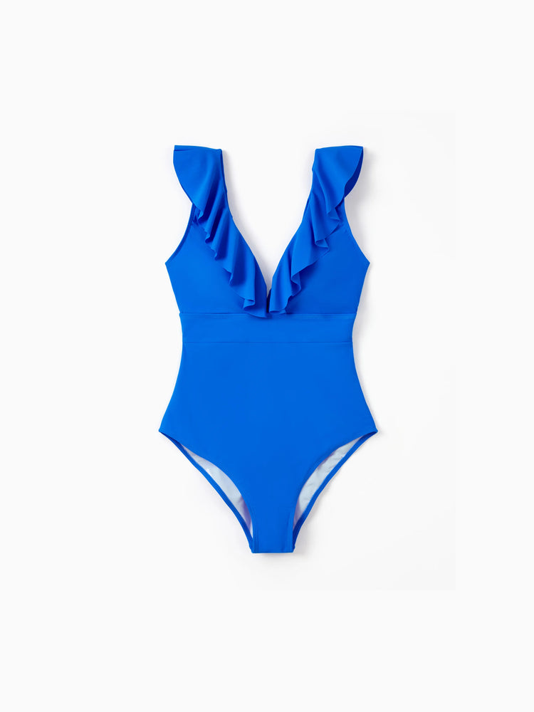 Family Matching Blue Ruffle One-piece Swimsuit or Swim Trunks Blue
