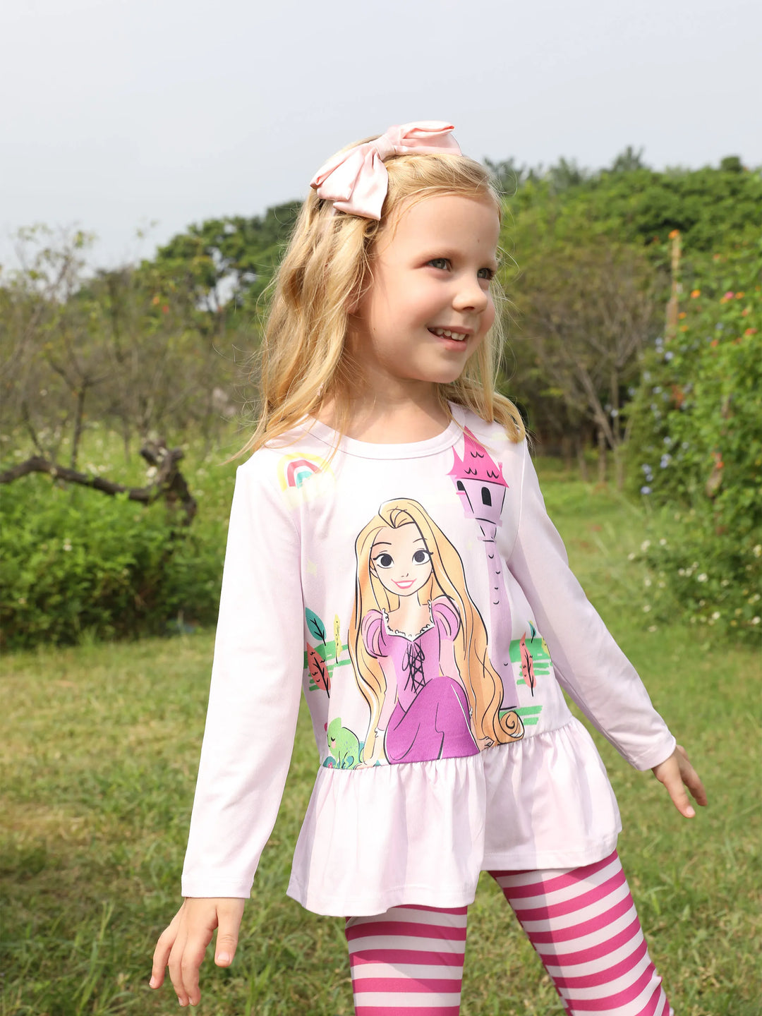 Ensemble 2 pièces Disney Princesse Raiponce pour petite fille, t-shirt à basque et pantalon à rayures, violet clair
