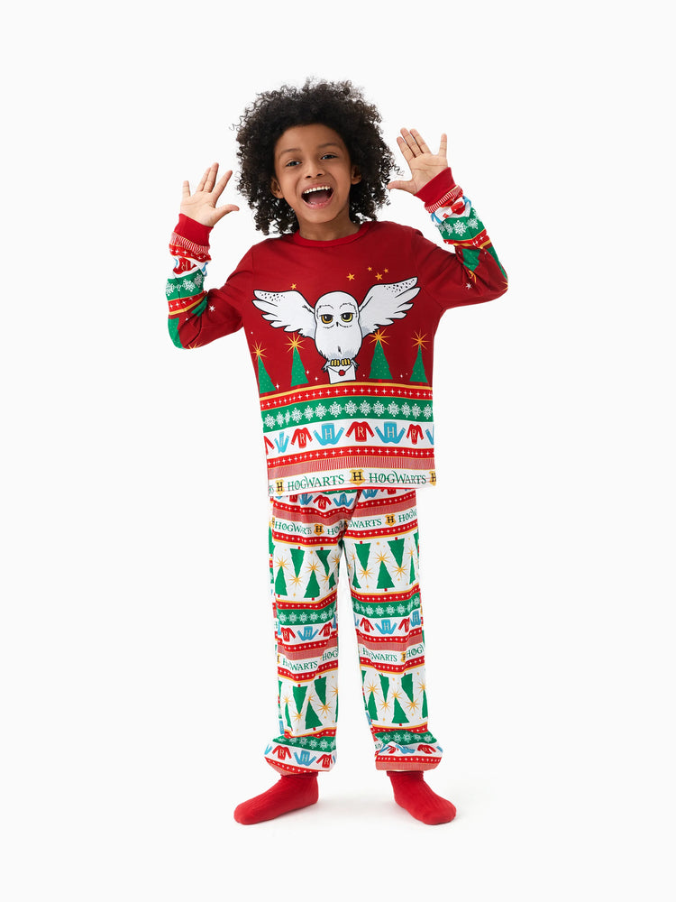 Harry Potter Christmas Matching Family Pajamas Set Christmas Tree Owl Pattern Long-sleeve PJS with Christmas Socks Red