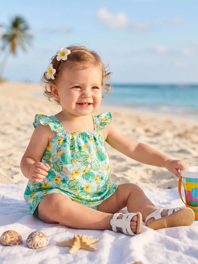 Ocean Vibes Baby Girl Tropical island Leaf Print Dress Green