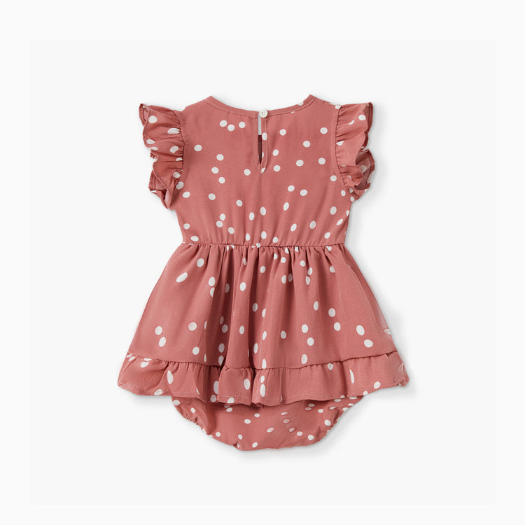All Over Dots Pink Cross Wrap V Neck Ruffle Flutter-sleeve Dress for Mom and Me PinkyWhite
