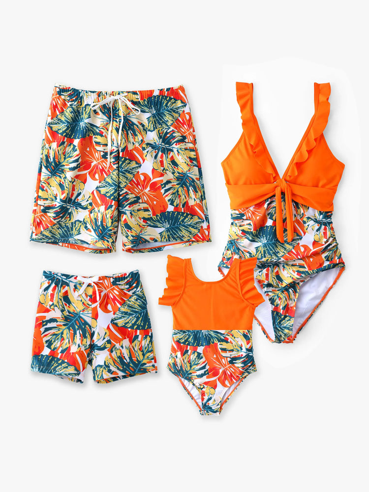 Family Matching Orange and All Over Tropical Plant Print Splicing Ruffle One-Piece Swimsuit and Swim Trunks Shorts Orange color