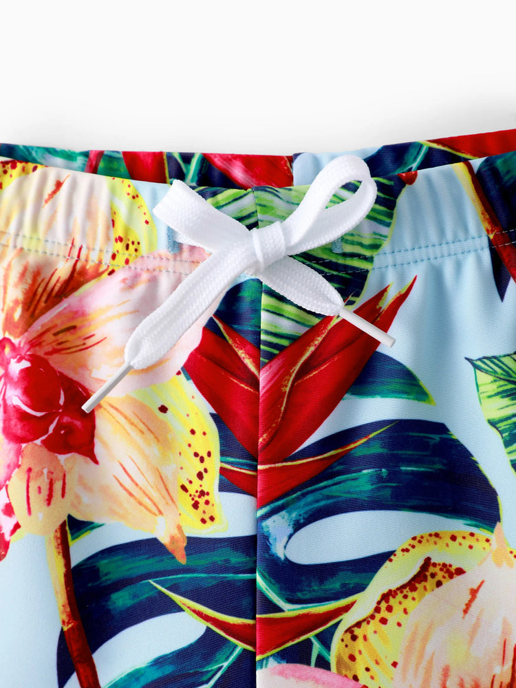 Family Matching Floral Drawstring Swim Trunks or Ruched Shell Edge Bikini with Optional Swim Cover Up Red