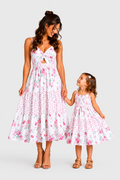 Mommy and Me Family Matching Outfits Set Solid Color Short-sleeve Polo Collar Shirt or Flower Print Hollow out Dress  Pink