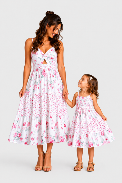 Mommy and Me Family Matching Outfits Set Solid Color Short-sleeve Polo Collar Shirt or Flower Print Hollow out Dress  Pink