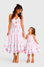 Mommy and Me Family Matching Outfits Set Solid Color Short-sleeve Polo Collar Shirt or Flower Print Hollow out Dress  Pink