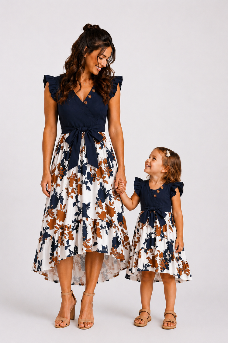 Mommy and Me Family Matching Casual Dress Solid Color, Fabric Stitching royalblue