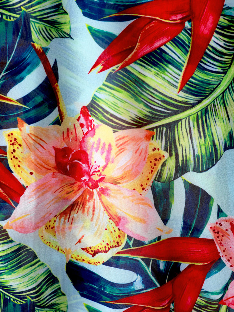 Family Matching Floral Drawstring Swim Trunks or Ruched Shell Edge Bikini with Optional Swim Cover Up Red