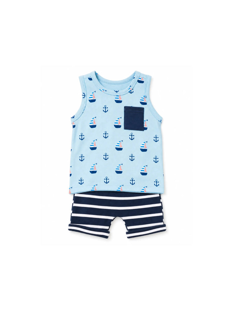 Ocean Vibes Baby Boy Sailboat Print Shorts Set Dark Blue
